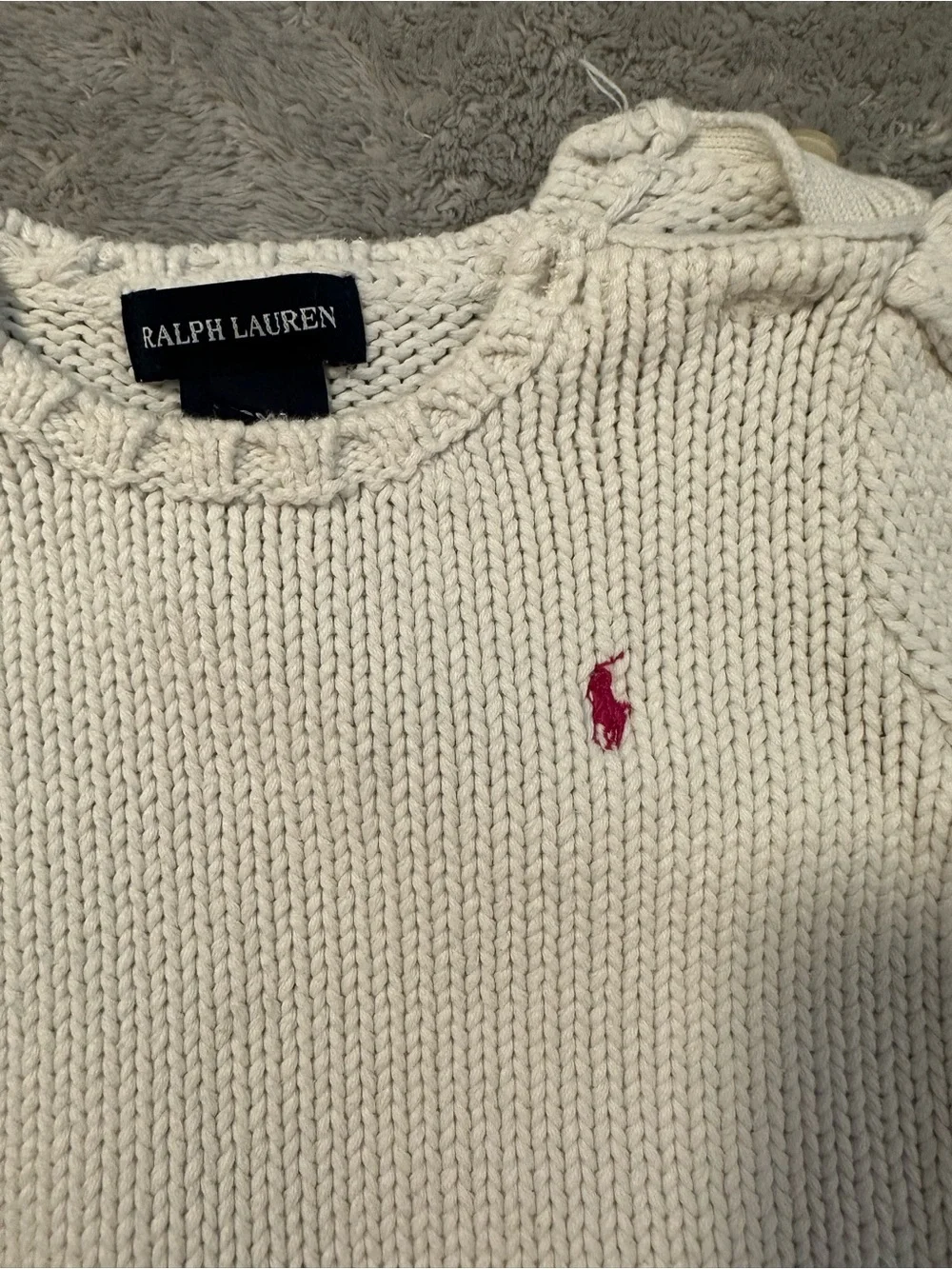 Ralph Lauren Cream Crewneck Sweater with Pink Pony Embroidery - Girls 18 Month